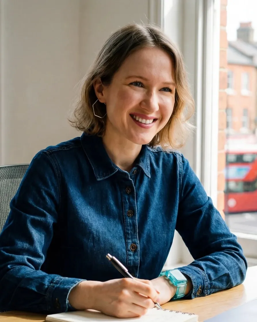 Elena Suhova, founder of What If HR, smiling at a desk by a window over a London street