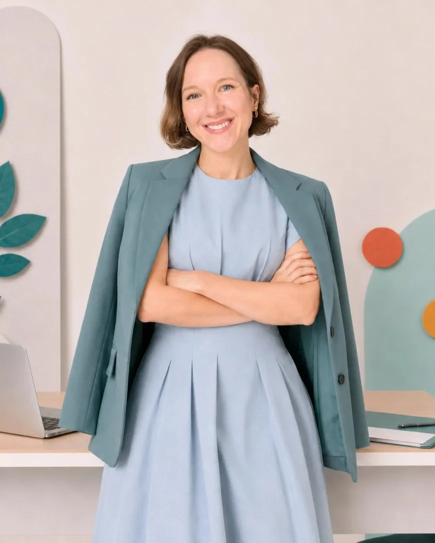 Elena Suhova, founder of What If HR, standing in a bright office with her arms folded